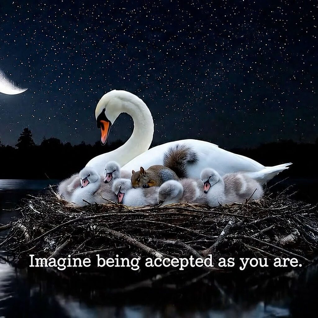 A nighttime scene of a swan surrounded by her sleeping cygnets in a nest. In the nest is also a squirrel, contentedly sleeping with them. A crescent moon shines brightly in the background.