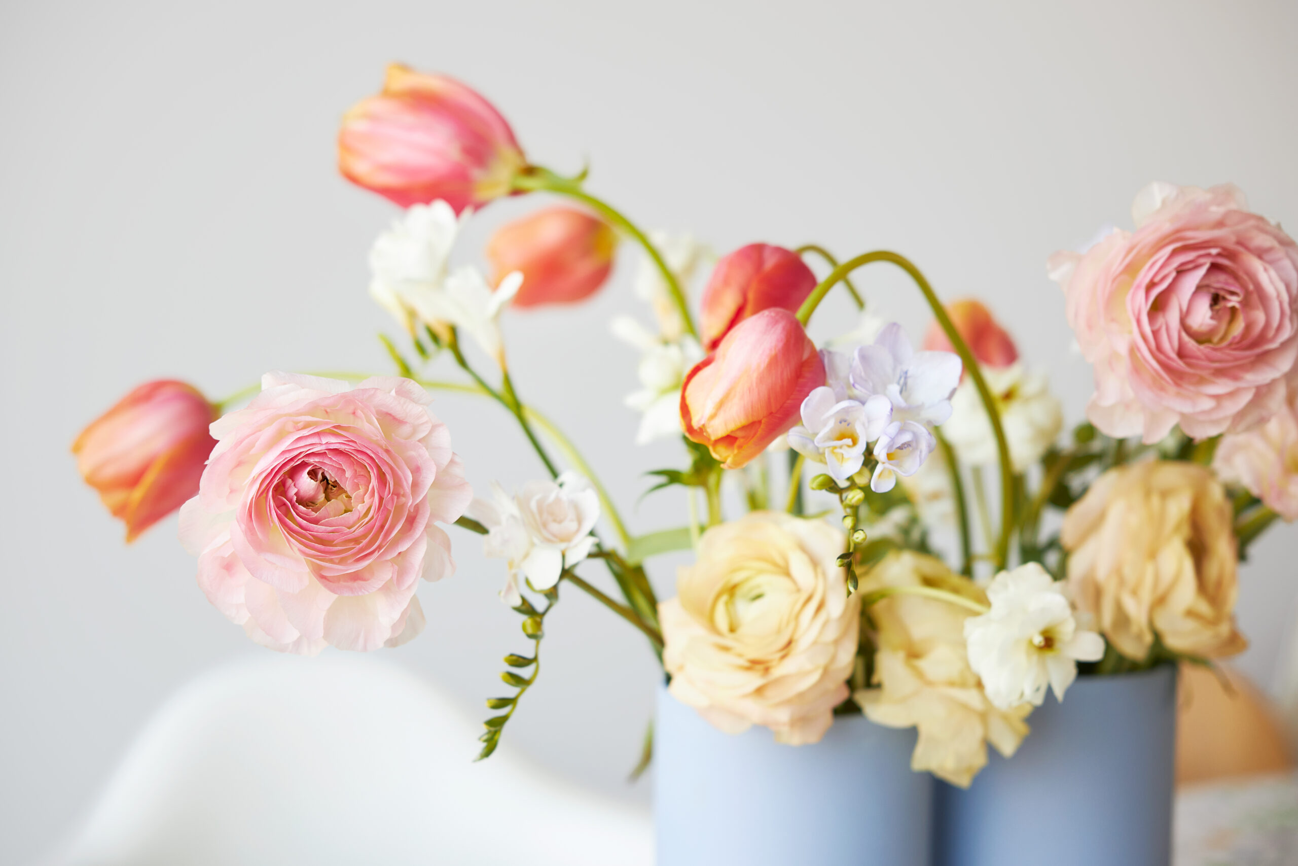 A pale blue vase holds an elegant arrangement of pastel tulips, ranunculus, and anemones.