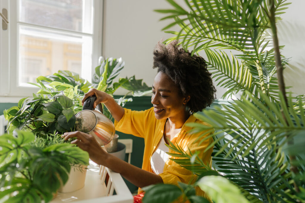 A woman in a yellow sweater smiles as she sprays mist on her indoor potted palm trees.
