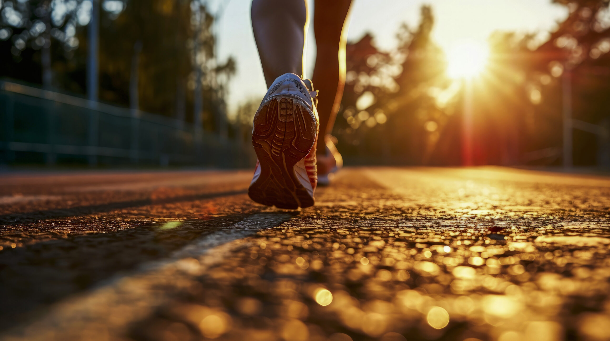 During the golden hour of the evening in a wooded setting, a person takes a walk - the view is of her legs and sneakers. It's easy to imagine yourself in her place out for a walk on a sunny evening.