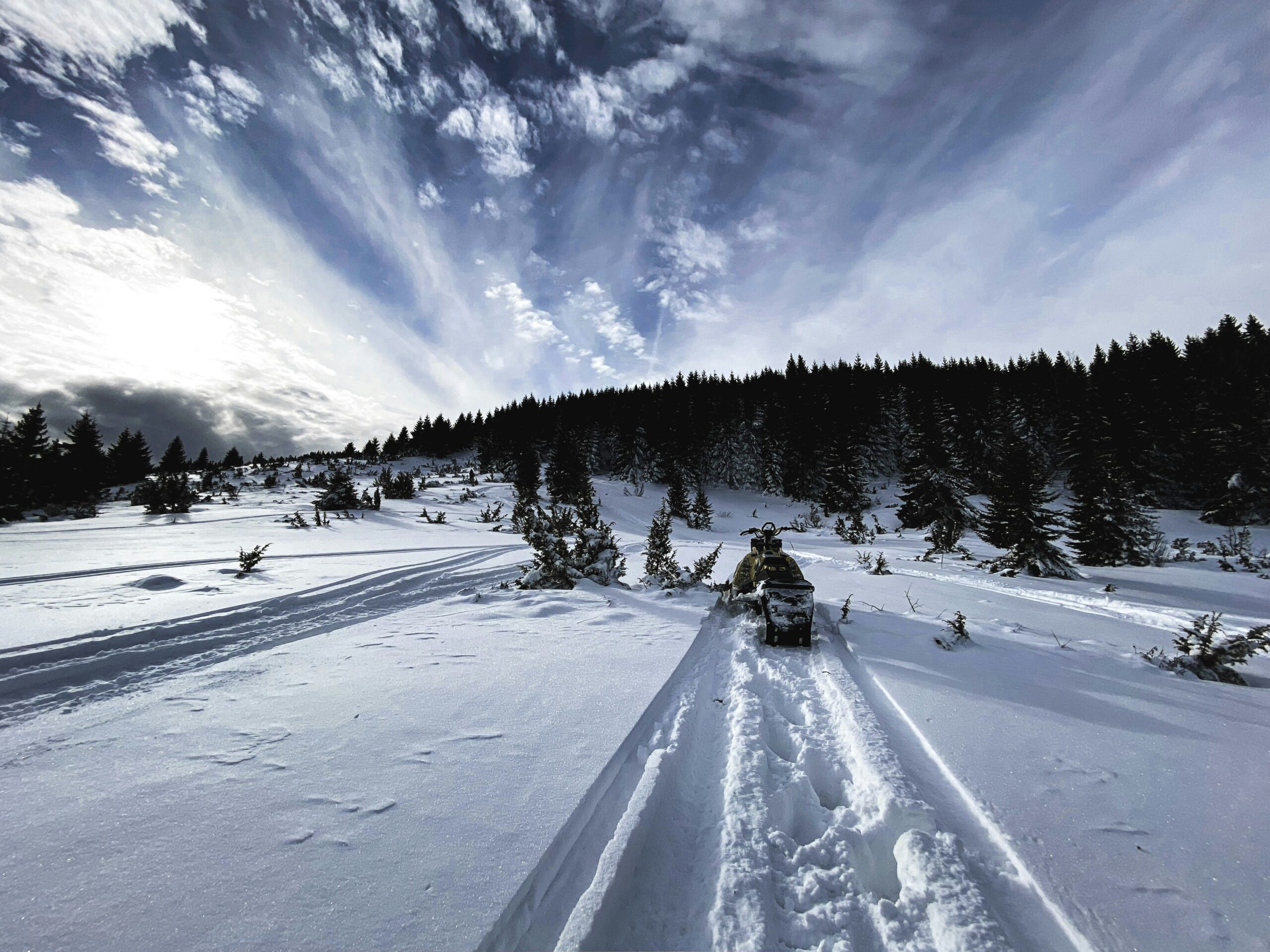 A snowy landscape with deep sled tracks on otherwise smooth snow.