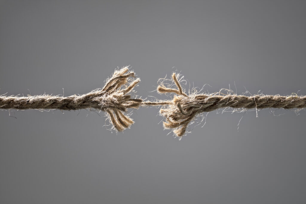 A frayed rope is about to come apart.
